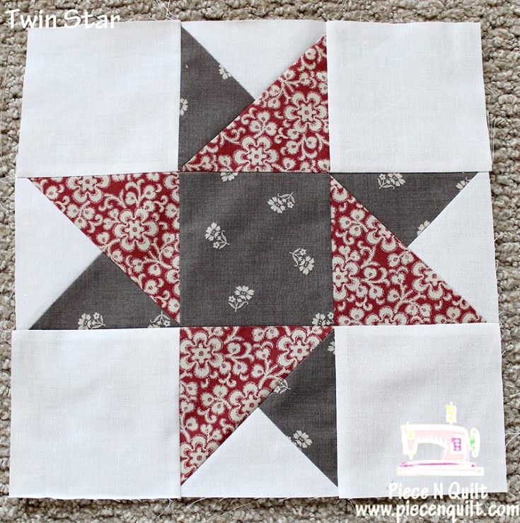 This Twin Star Quilt Block resembles stacking up a friendship star together to build an 8-point star. The method is similar to the friendship star, but it takes an additional step to make the split quarter-square triangle (SQST).