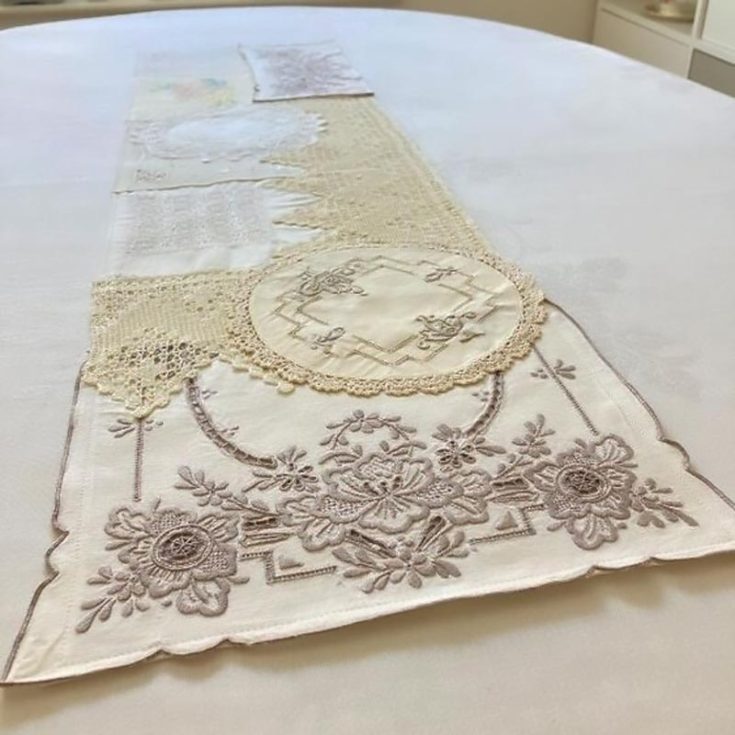 Like its name, this vintage doily table runner is made from a whole bunch of scrap fabric! These include, but are not limited to, table mats, tray cloths, handkerchiefs, and crocheted lace. It's a fantastic way to upcycle these loose fabrics by transforming them into a lovely vintage runner.&nbsp; Table runner size: Adjustable