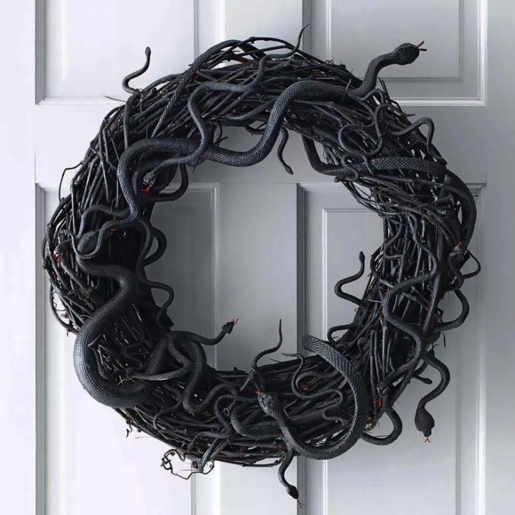 Hiss... Get ready to welcome guests with a twist of fun with this wriggling snake wreath! Isn't it cool? They're easy to make, and they remind us of Medusa. So, if you plan on dressing up as her, try this out!